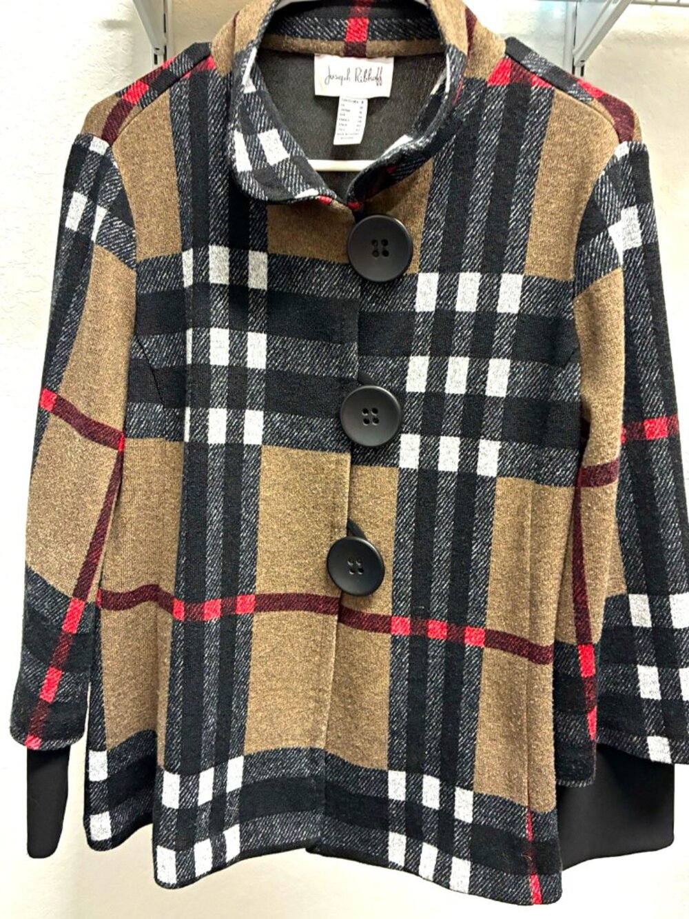 Joseph Ribkoff Plaid Button-Front Sweater Jacket in Mustard Black Red